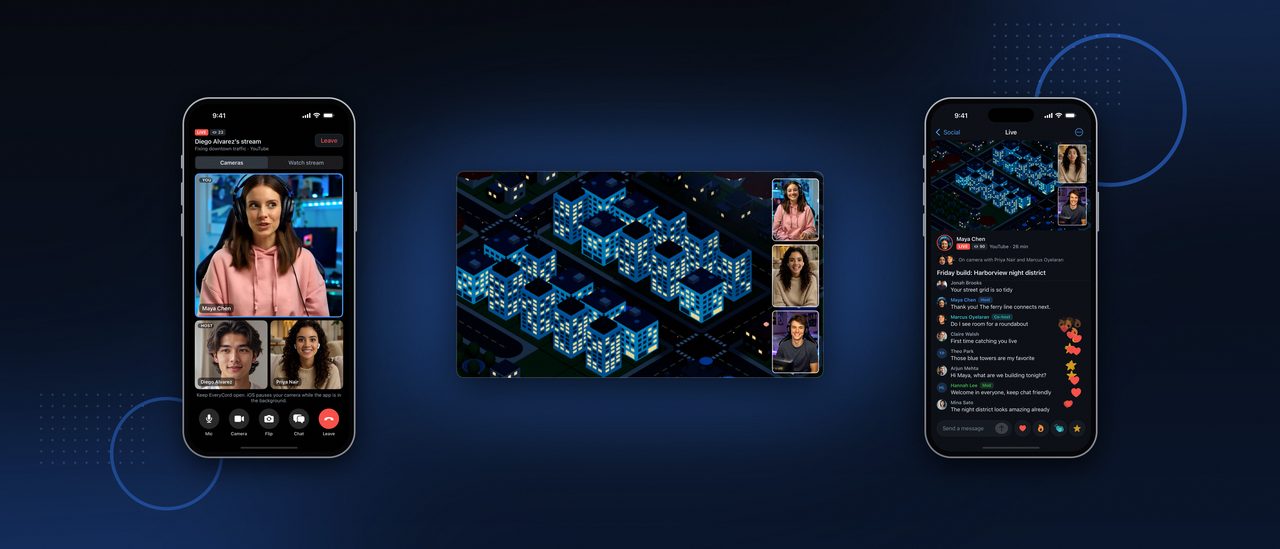 EveryCord Social on iPhone: a host with two co-hosts on camera, the stream with their camera bubbles, and the live chat.