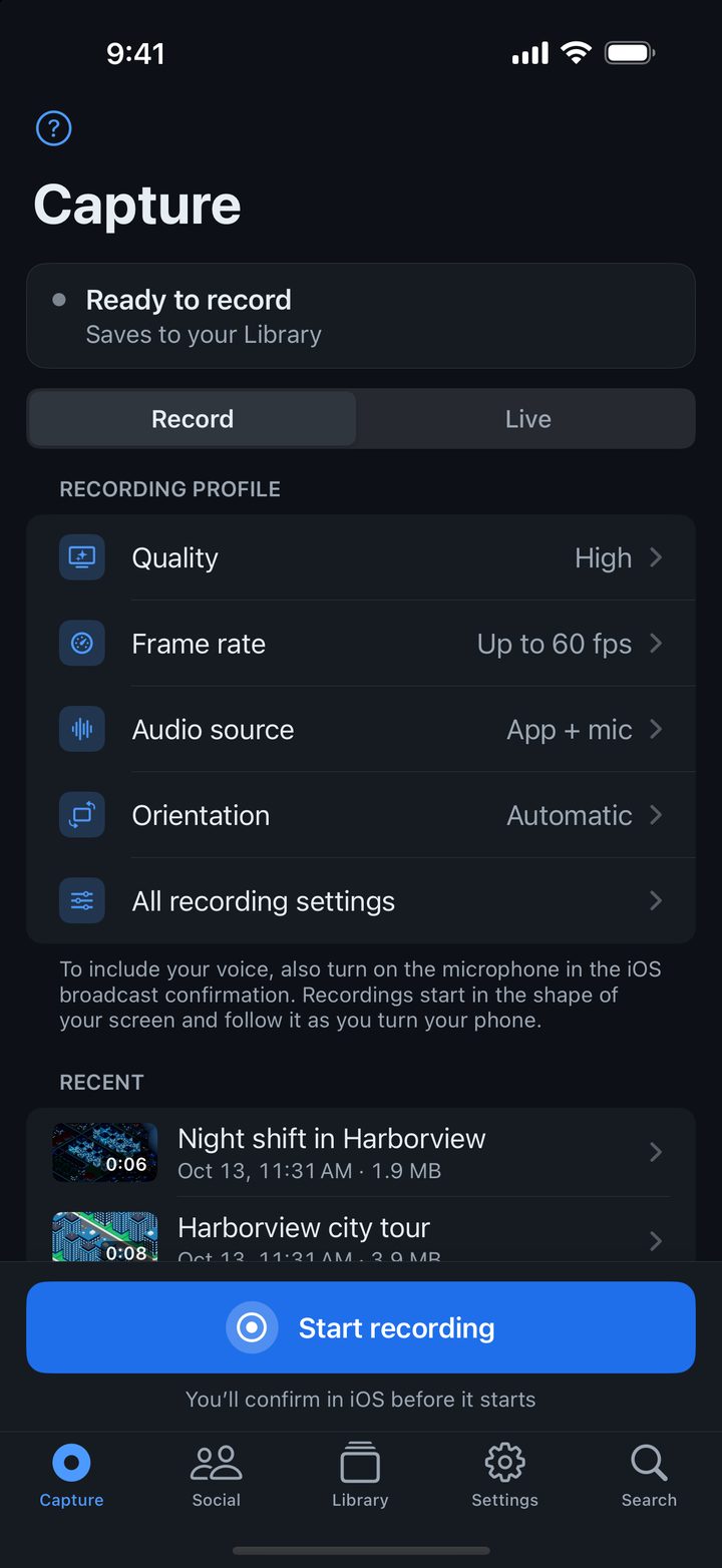 The EveryCord Capture tab ready to record, with quality, frame rate, audio source and orientation settings and recent recordings.