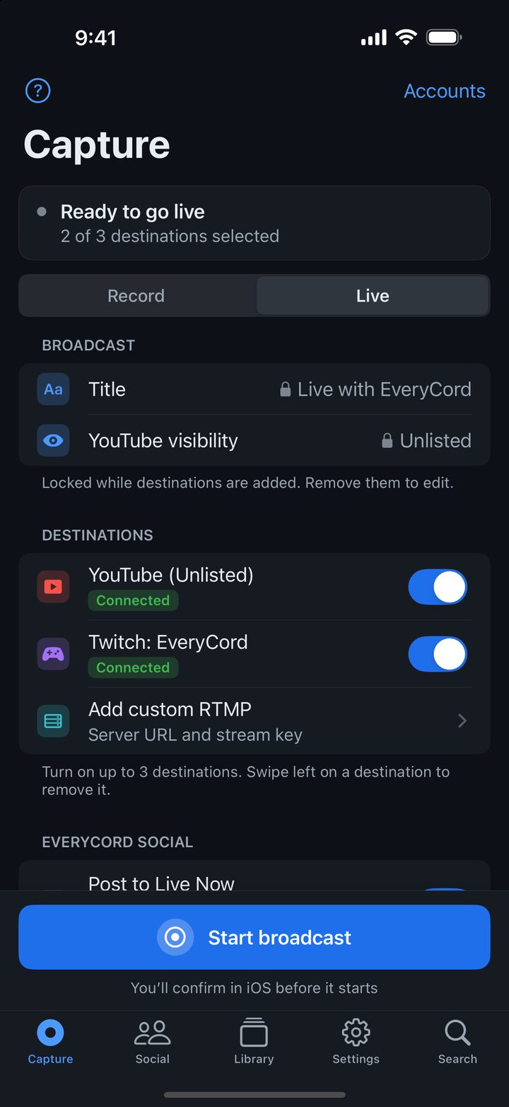 Go Live setup with YouTube and Twitch connected and two of three destinations selected.