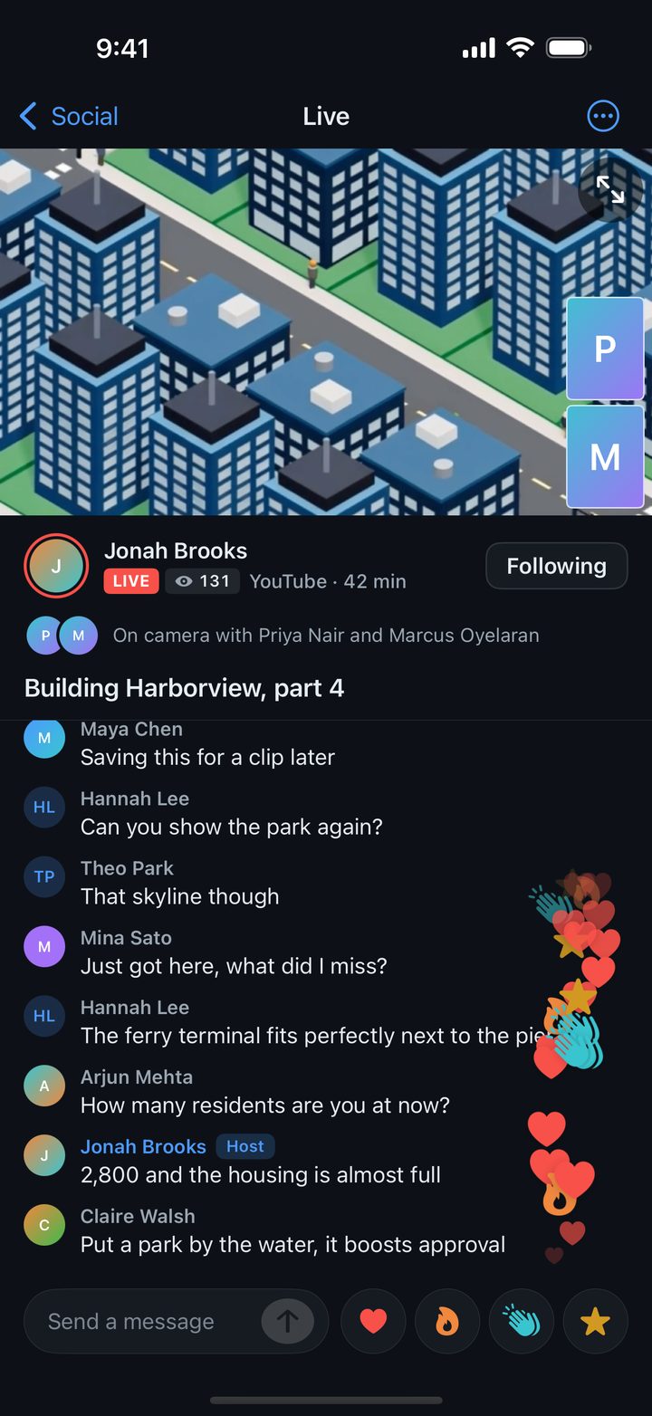 A live stream in EveryCord with two co-host bubbles, the live chat and reactions.
