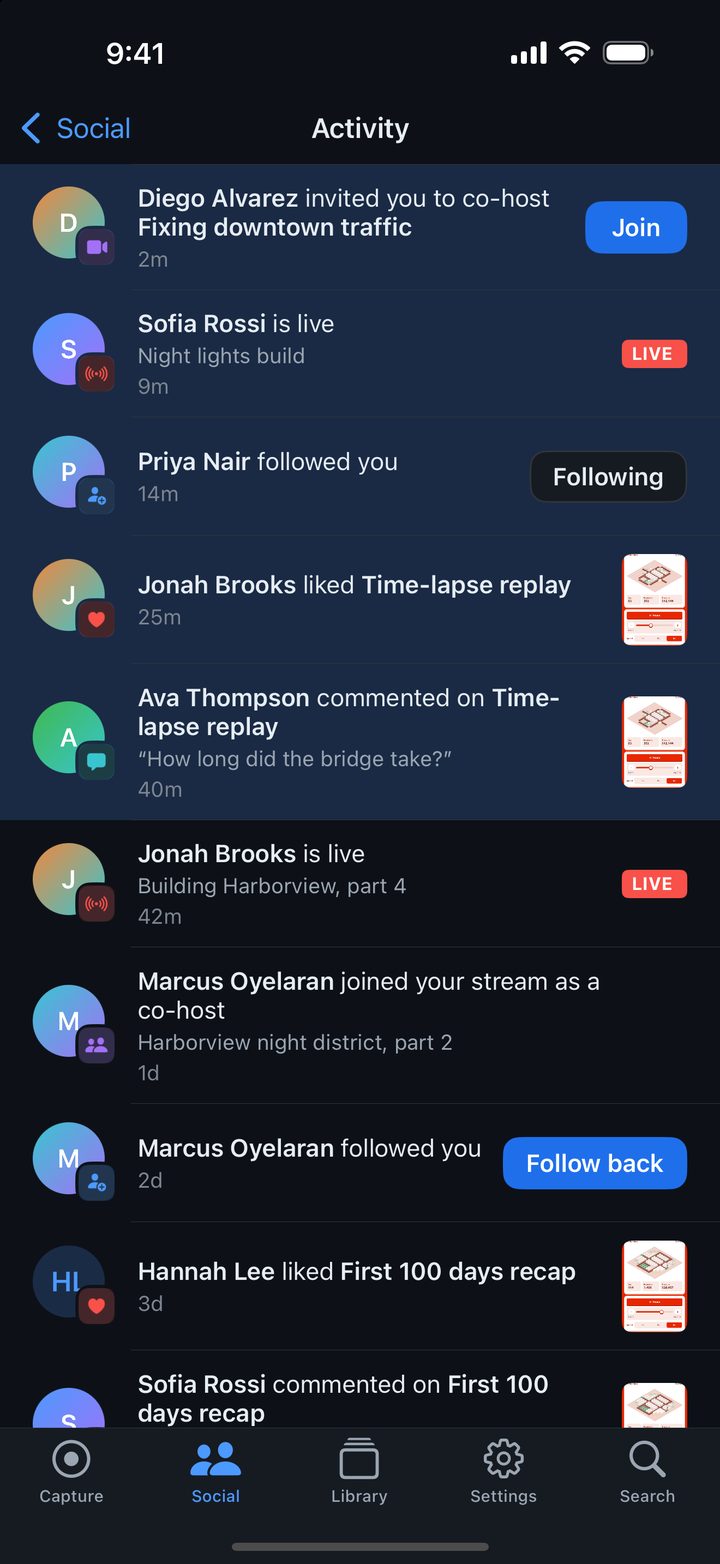 Activity with a co-host invite, who is live, new followers, likes and comments.