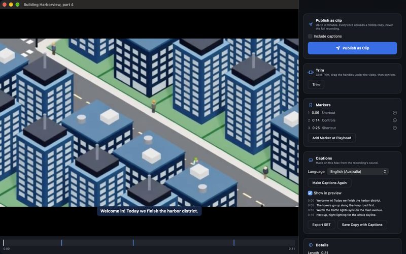 The EveryCord editor on Mac with a caption on the video, markers on the timeline and Publish as Clip.
