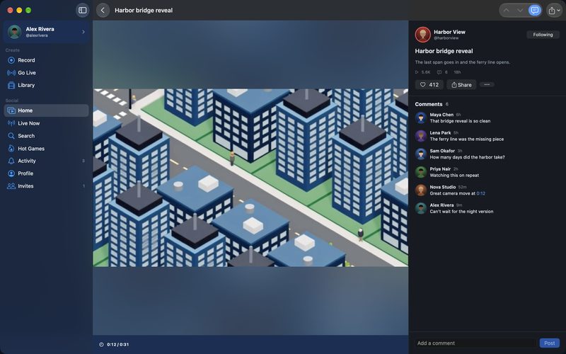 A clip on Mac with likes, Share and the comments beside the video.