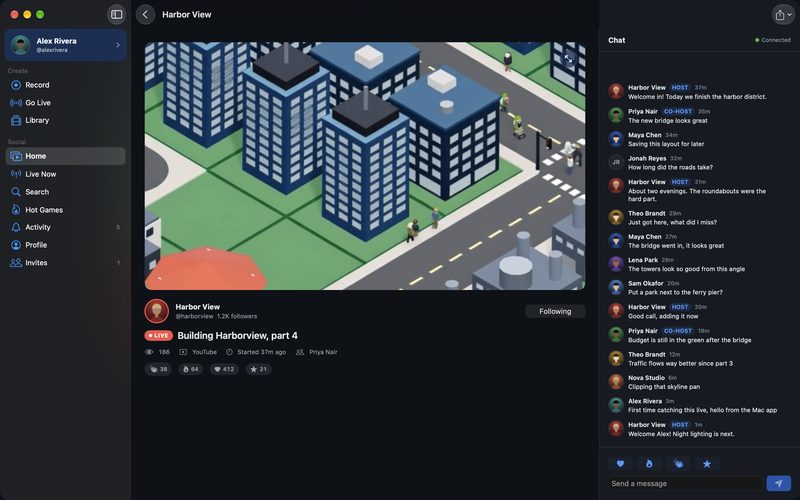 A live stream on Mac with the chat beside it, including host and co-host badges.