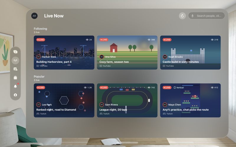 EveryCord on Apple Vision Pro: the Live Now window with streams from people you follow and popular streams.