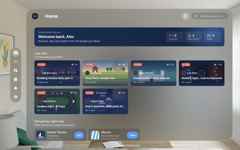 The EveryCord Home window on Apple Vision Pro with who is live and the hot games.