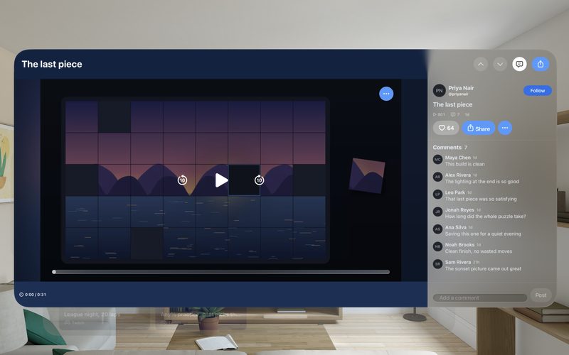 A clip window on Apple Vision Pro with likes, Share and comments beside the video.