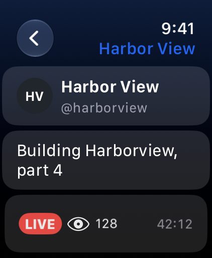 A live stream on Apple Watch: the host, the title, the live badge and 128 viewers.