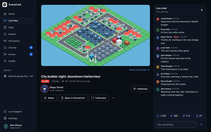 EveryCord on the web: a live stream with the chat beside it and reaction counts.