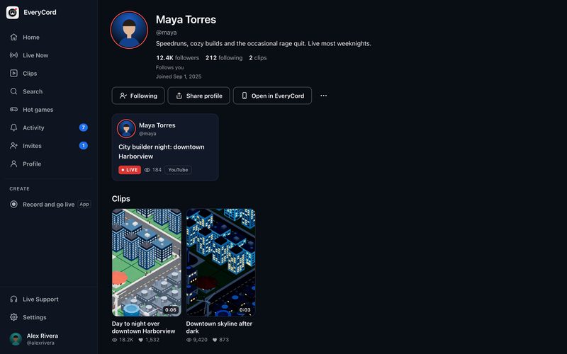 A creator profile on the web with Following and Share profile, their live stream and their clips.