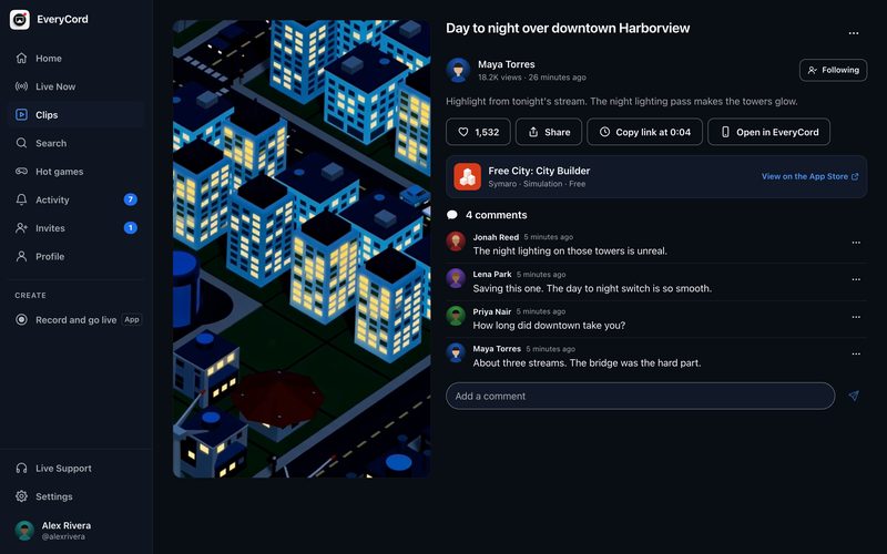 A clip page on the web with likes, sharing, the game’s App Store card and comments.