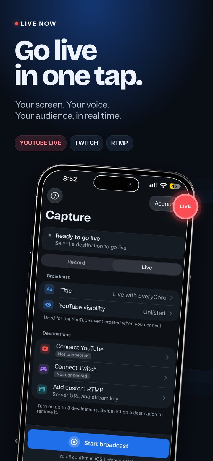 Choosing YouTube, Twitch or a custom RTMP server for a live stream.