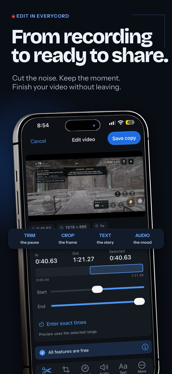 The EveryCord editor with trim, crop and text tools.