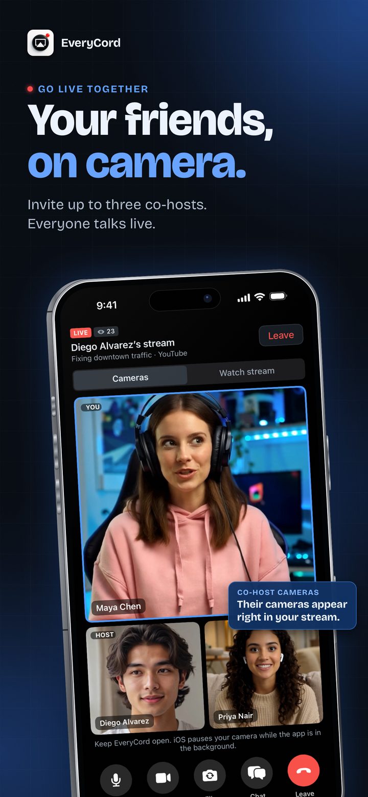 Go live with up to three co-hosts on camera.