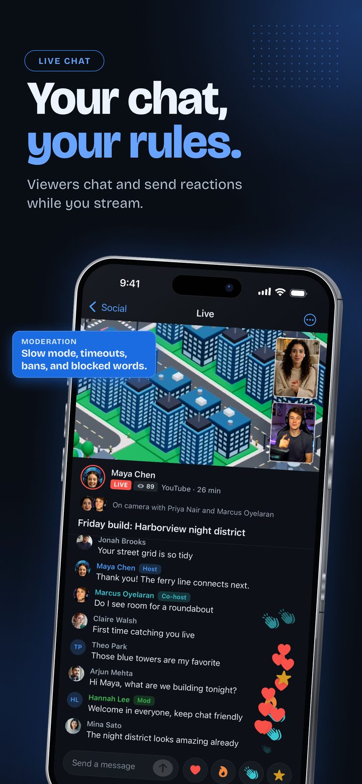 Live chat with reactions, slow mode, timeouts, bans and blocked words.