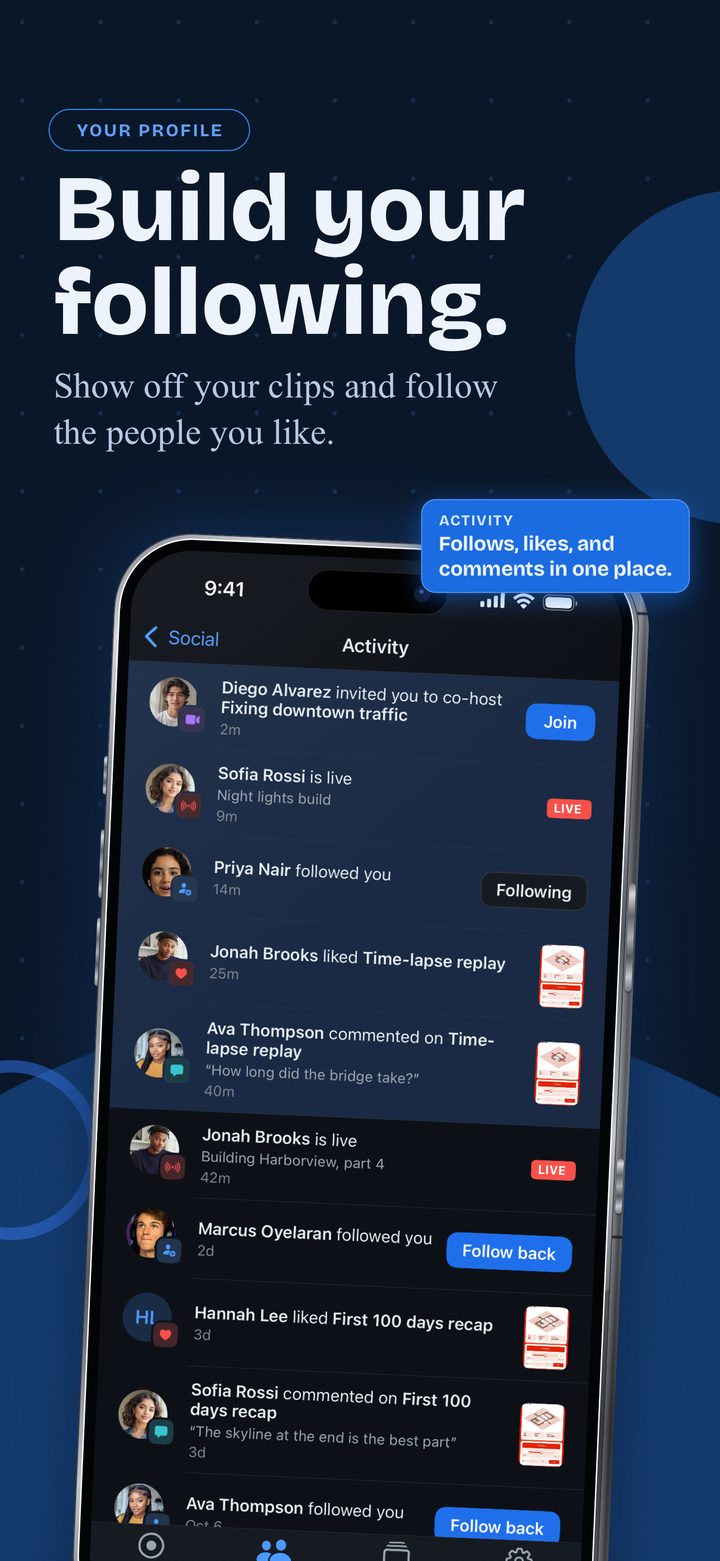 A profile with followers, clips and a Follow button.